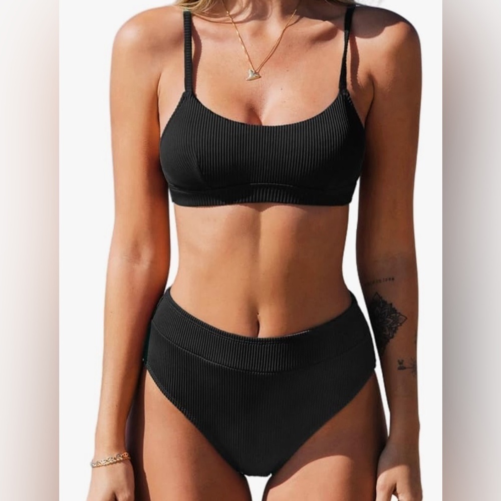 CUPSHE Women's 2 Piece Bikini Size Large Black Scoop Neck High Waist